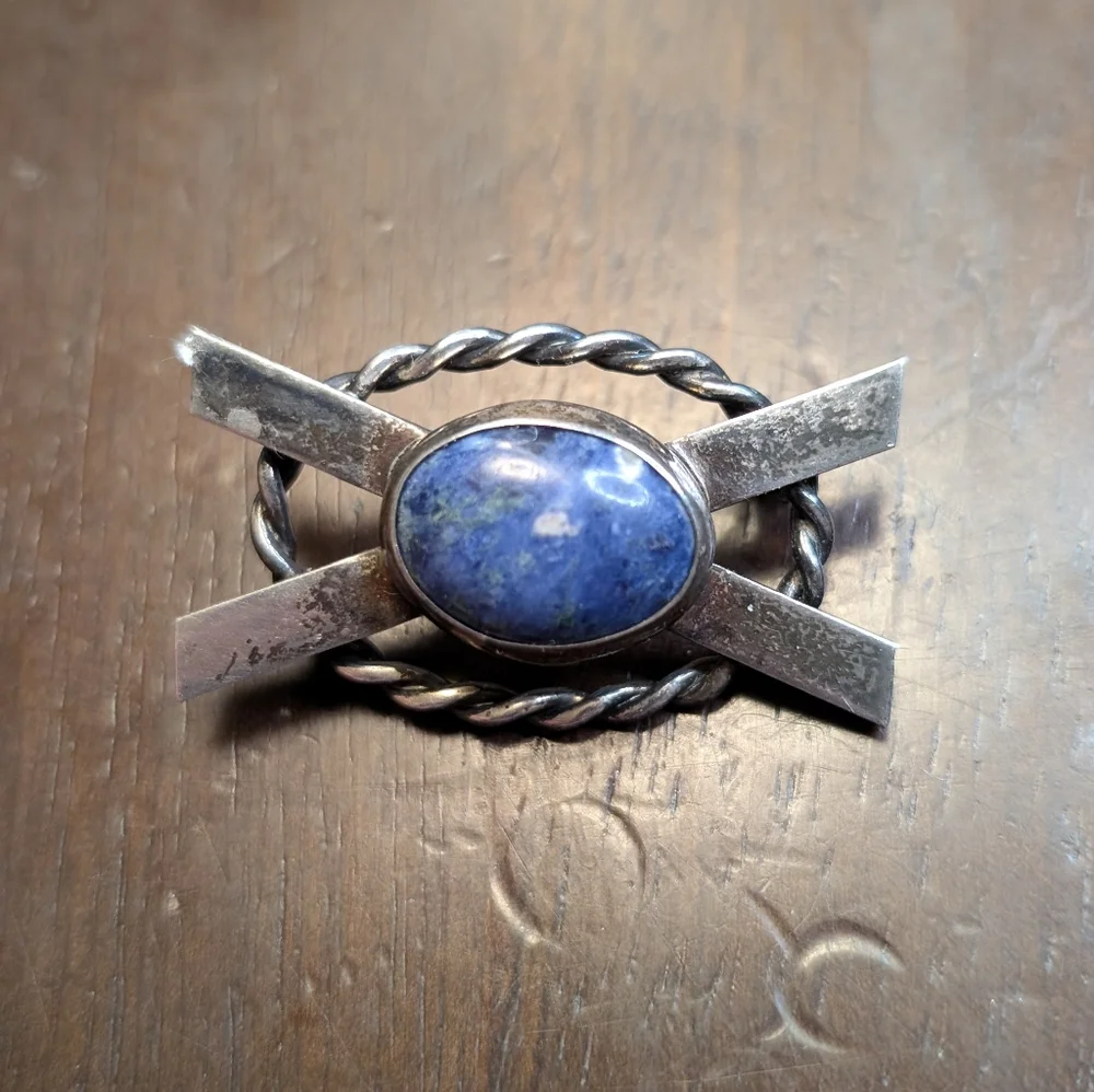 Sterling Silver Brooch with Lapis Stone - Picture 1 of 3